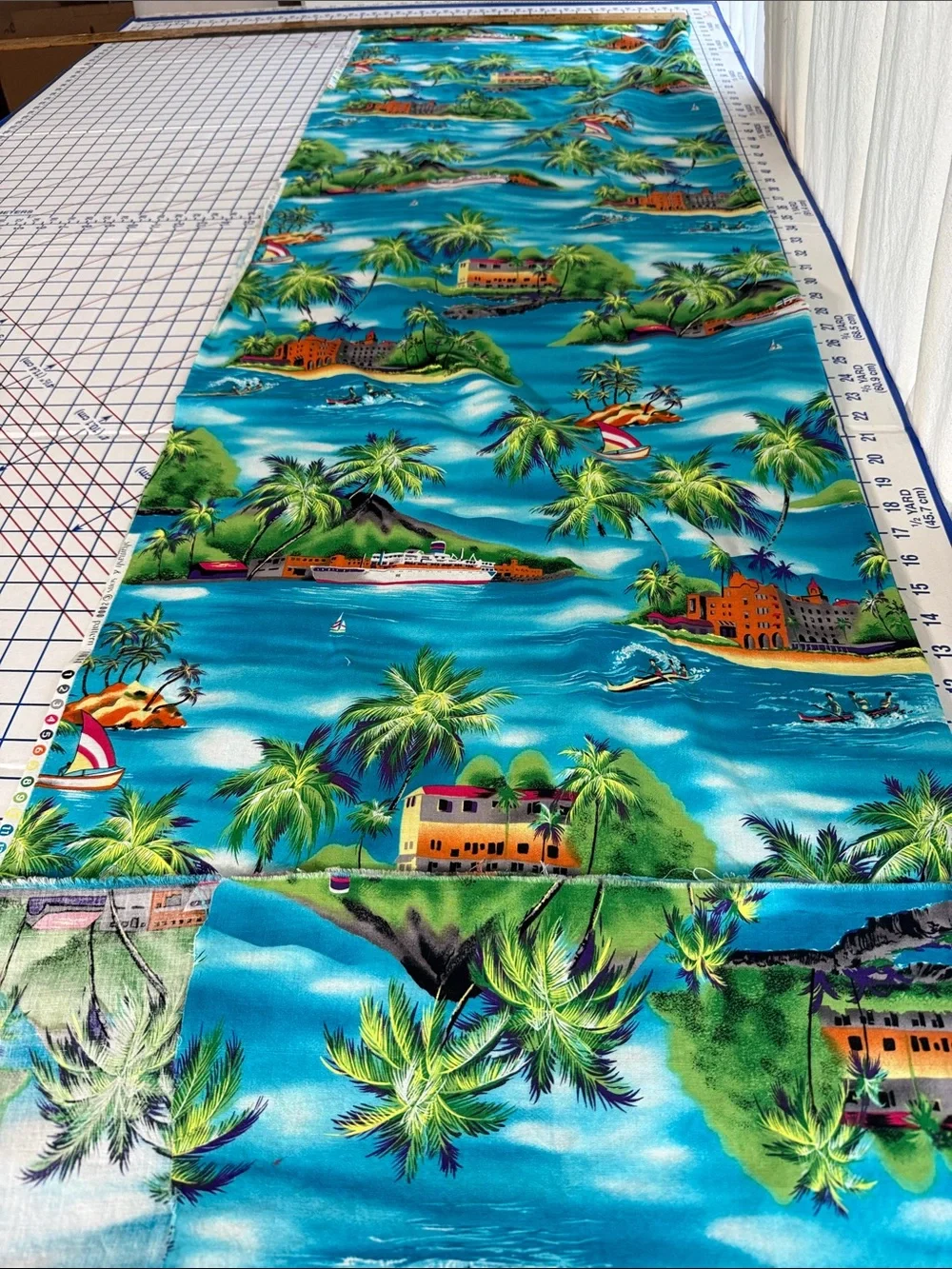 Vintage Tropical Island Scenic Fabric 1¾ Yards Palm Trees Sailboats Caribbean